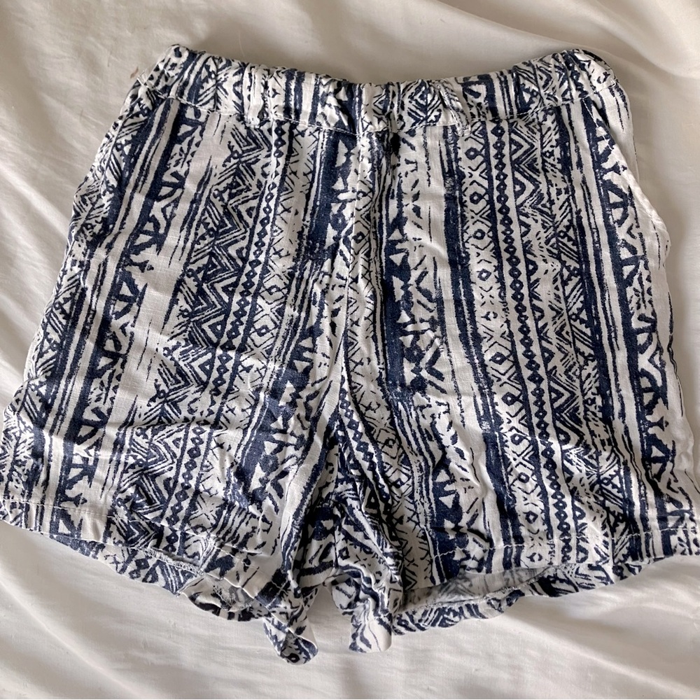 Style me shorts blue and white print pattern linen viscose stripe pockets